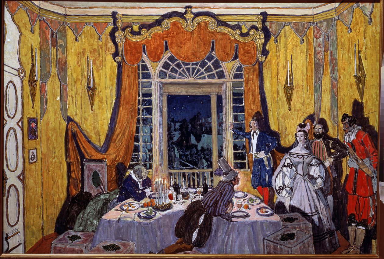 Decoración preparatoria para la ópera ""Le guest de pierre"" de Alexandre Dargomyjski (1813-1869) (Escenografía para la ópera The Stone Guest, de A. Dargomyzhsky). Pintura de Alexander Yakovlevich Golovin (Alexander Golovin) (1863-1930), óleo sobre madera de Aleksandr Jakovlevic Golovin