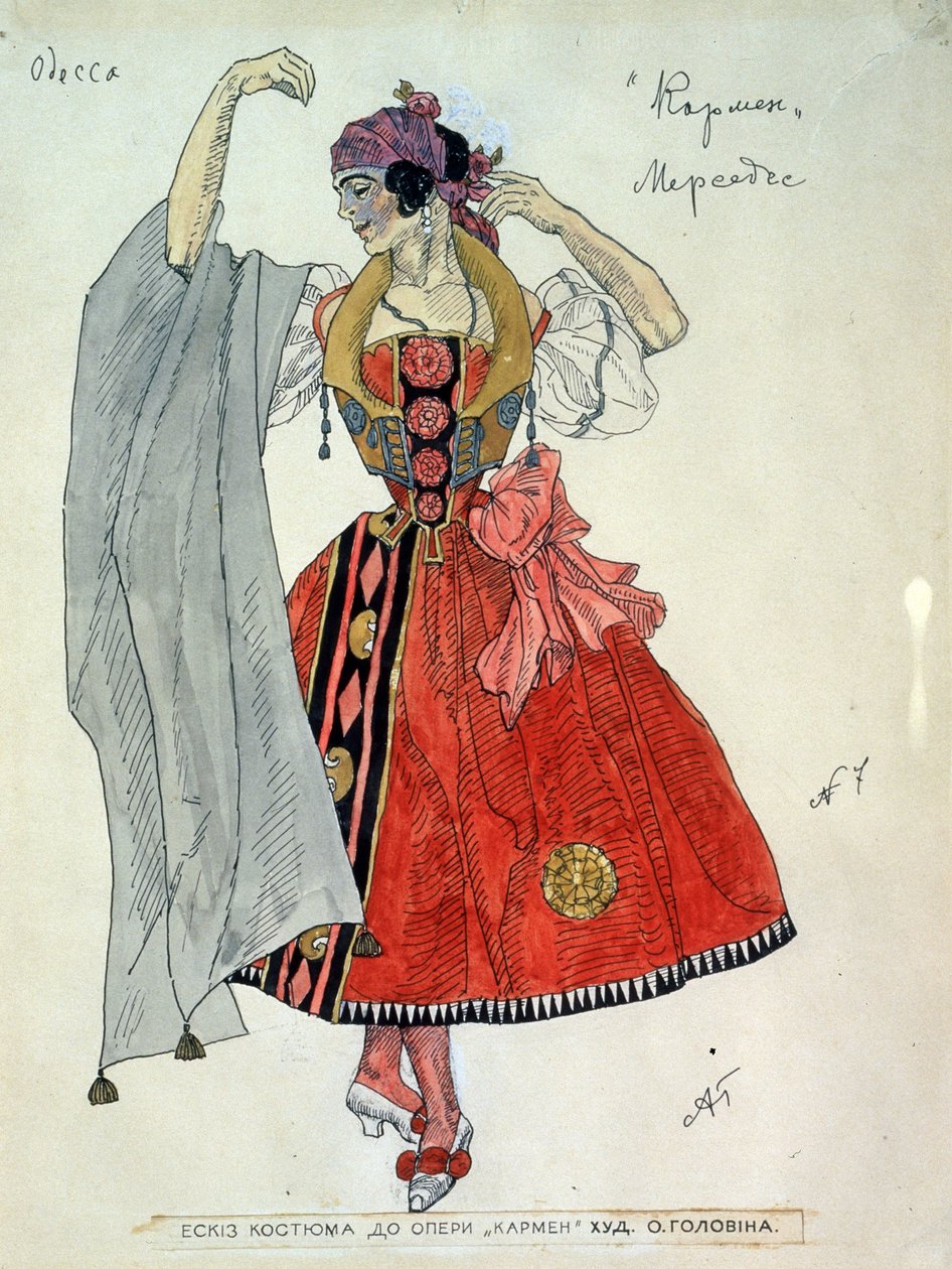 Diseño de vestuario para la ópera Carmen de Georges Bizet (1838-1875) (Diseño de vestuario para la ópera Carmen de G.Bizet). Obra de Alexander Yakovlevich Golovin (Alexander Golovin) (1863-1930), tinta y acuarela sobre papel de Aleksandr Jakovlevic Golovin