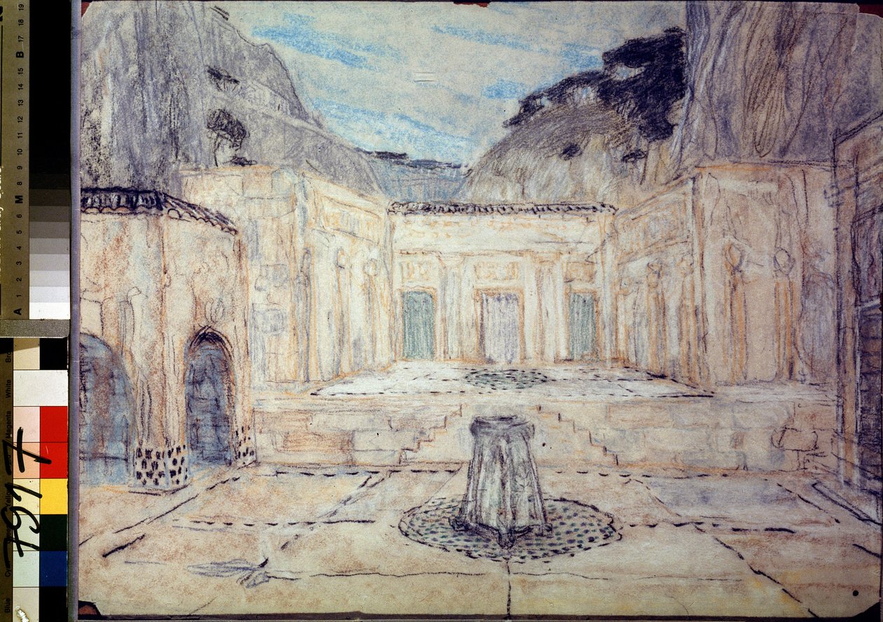 Escenografía para la tragedia Antígona según Sófocles (496 a. C.-406 a. C.) (Escenografía para la tragedia Antígona según Sófocles). Una plaza pública rodeada de edificios antiguos, enmarcada en un paisaje de montaña. el trabajo de alejandro de Aleksandr Jakovlevic Golovin