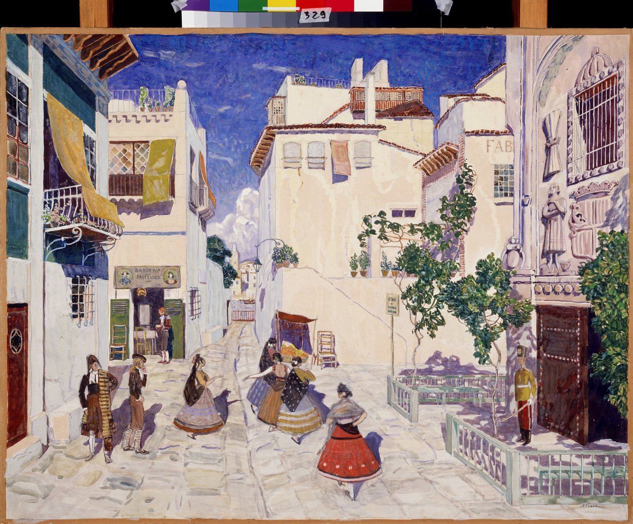 Une rue a Sevilla (España), Decoración para la ópera Carmen de Georges Bizet (1838-1875) (Una calle de Sevilla, Escenografía para la ópera Carmen de G.Bizet). Obra de Alexander Yakovlevich Golovin (Alexander Golovin) (1863-1930), témpera sobre papel de Aleksandr Jakovlevic Golovin