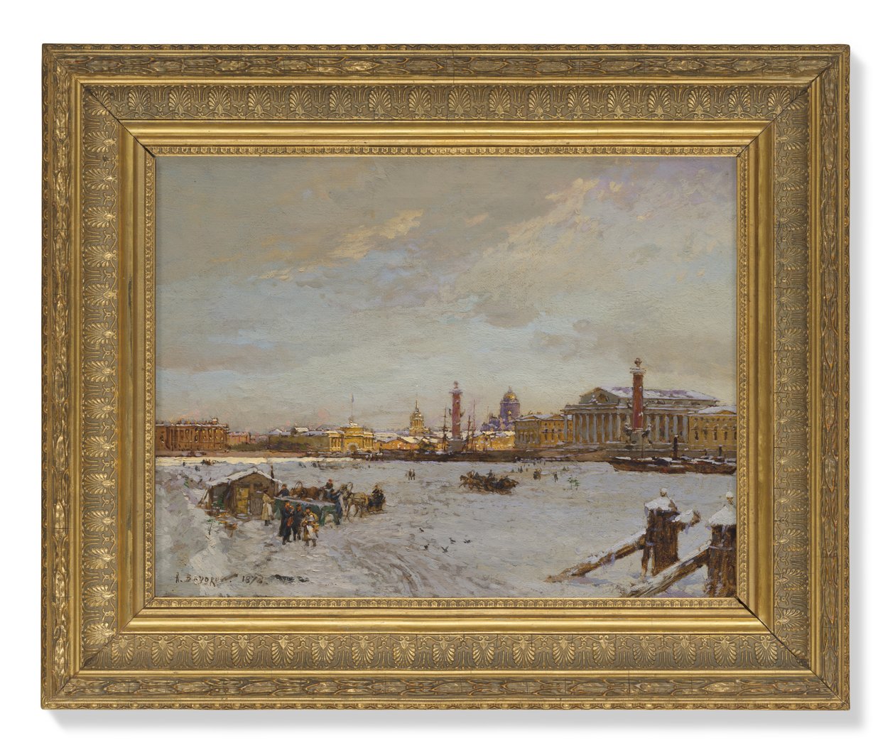 Vista sobre el Neva congelado, las columnas rostrales, la Catedral de San Isaac y el Almirantazgo, San Petersburgo de Aleksandr Karlovich Beggrov