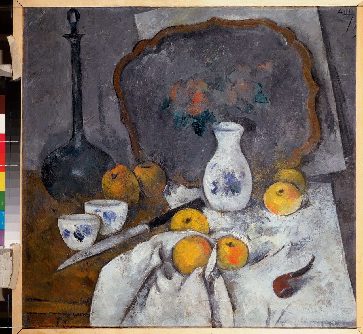 Naturaleza muerta con una jarra y una pipa (Composición con también manzanas sobre paño de cocina, cuchillo y bandeja) - Naturaleza muerta con una jarra y una pipa - Obra de Alexander Vasilyevich Shevchenko (1883-1948), óleo sobre cartón de Aleksandr Vasilievich Shevchenko