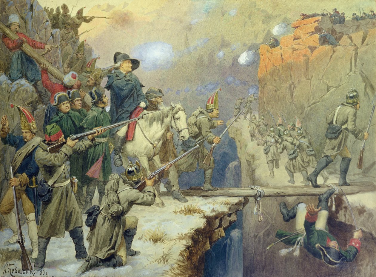 Suvorov cruzando el Puente del Diablo en 1799, 1880 de Aleksei Danilovich Kivshenko