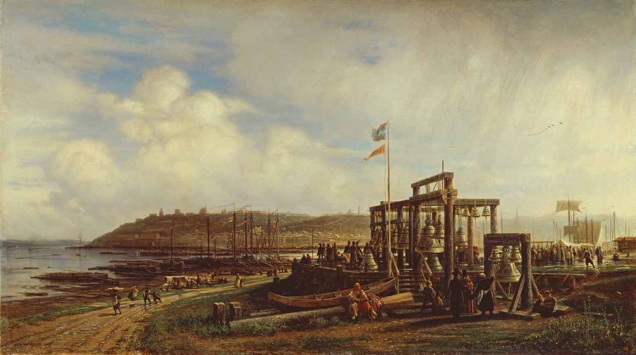 Puestos de campanas en un mercado en Nizhny Novgorod, 1862 de Aleksei Petrovich Bogolyubov