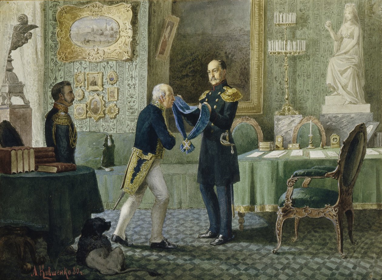 El Emperador Nicolás I otorga la cinta azul de la Orden de San Andrés al Conde Michail Speransky, 1880 de Aleksei Danilovich Kivshenko