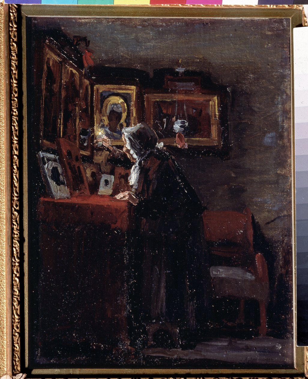 Avant une fete religieuse (Antes de una fiesta religiosa) - Peinture de Aleksei Fyodorovich Afanasyev (Alexis Afanassiev) (1850-1920) - Huile sur toile, 41 x 31,5 cm de Aleksei Fyodorovich Afanasyev