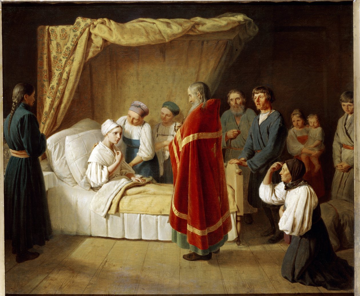 Eucaristía a los moribundos. Un sacerdote de la Iglesia ortodoxa se acerca al lecho de una mujer enferma para darle el sacramento litúrgico, rodeado de miembros de su familia. Pintura por Alexei (Alexis) Gavrilovich Venetsianov ( de Aleksei Gavrilovich Venetsianov