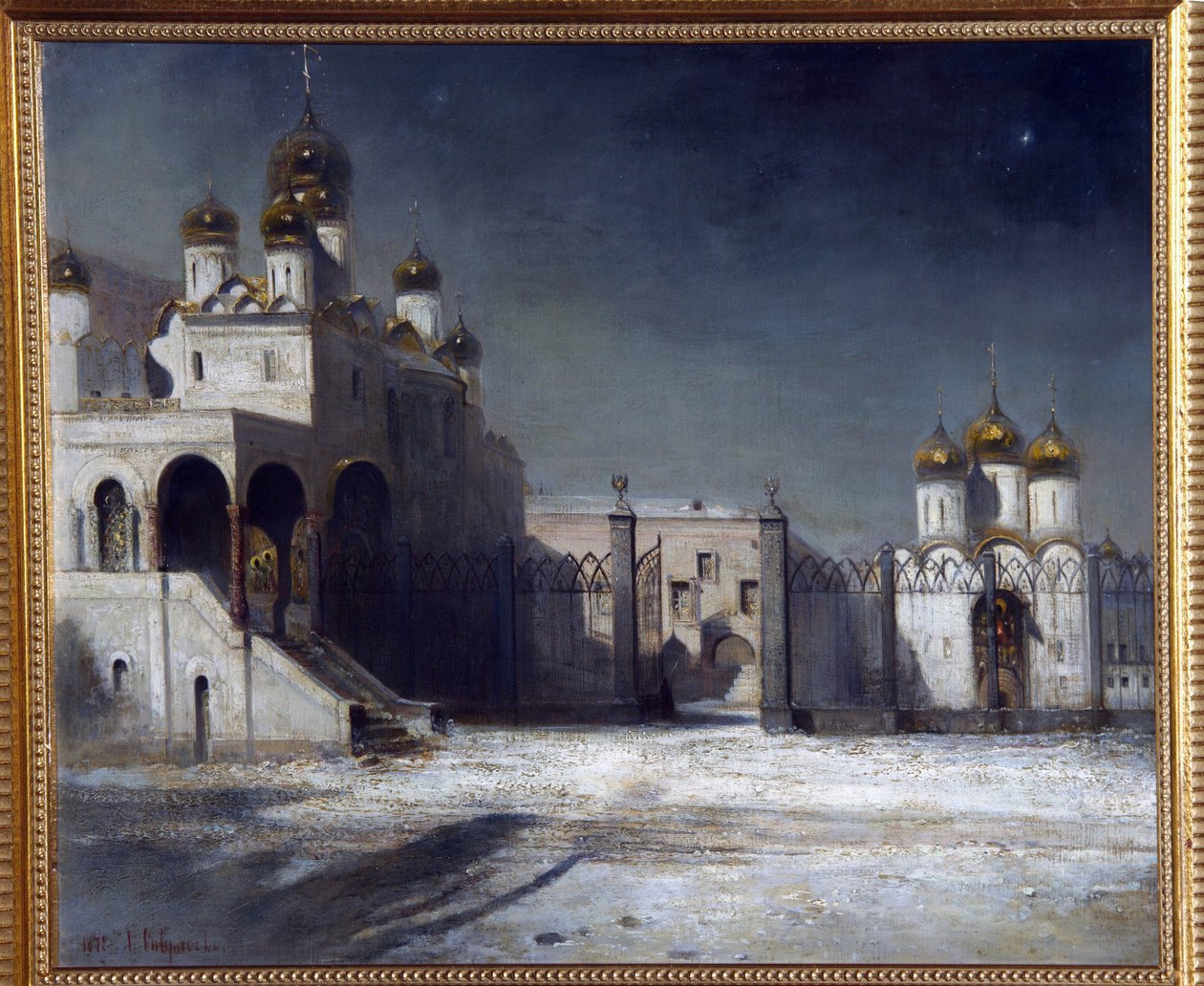 Plaza de la Catedral en el Kremlin de Moscú por la noche. (La Plaza de la Catedral en el Kremlin de Moscú por la noche). Pintura de Alexei Kondratyevich Savrasov (Savrasov) (1830-1897), óleo sobre lienzo de Alexei Kondratjewitsch Sawrassow
