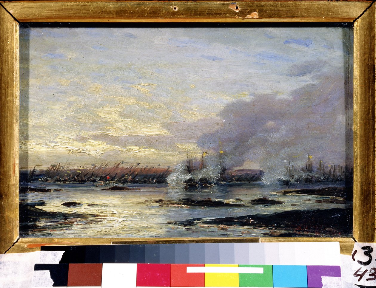 Gran Guerra del Norte (1700-1721): ""La batalla de Gangut que vio la victoria de la flota rusa (incluida la coraza de Gangut) sobre la flota sueca el 08/07/1714"" Pintura de Alexei Petrovich Bogolyubov (Bogoliubov o Bogoliubov ) (1824-1896) 1876 Estado A de Aleksei Petrovich Bogolyubov
