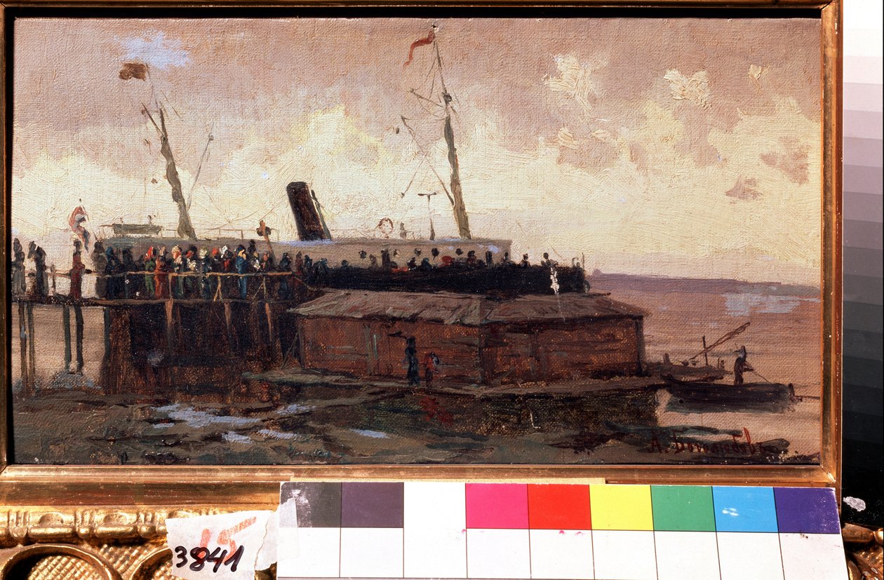 ""Vista de un barco de vapor en el muelle de un puerto"" Pintura de Alexei Petrovich Bogolyubov (Bogoliubov o Bogoliubov) (1824-1896) 1874 State United Art Museum, Kostroma, Rusia de Aleksei Petrovich Bogolyubov