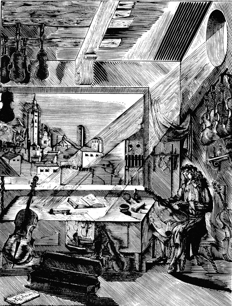 Fabricante de instrumentos musicales italiano Antonio Stradivari en su taller, 1926 de Aleksey Kravchenko