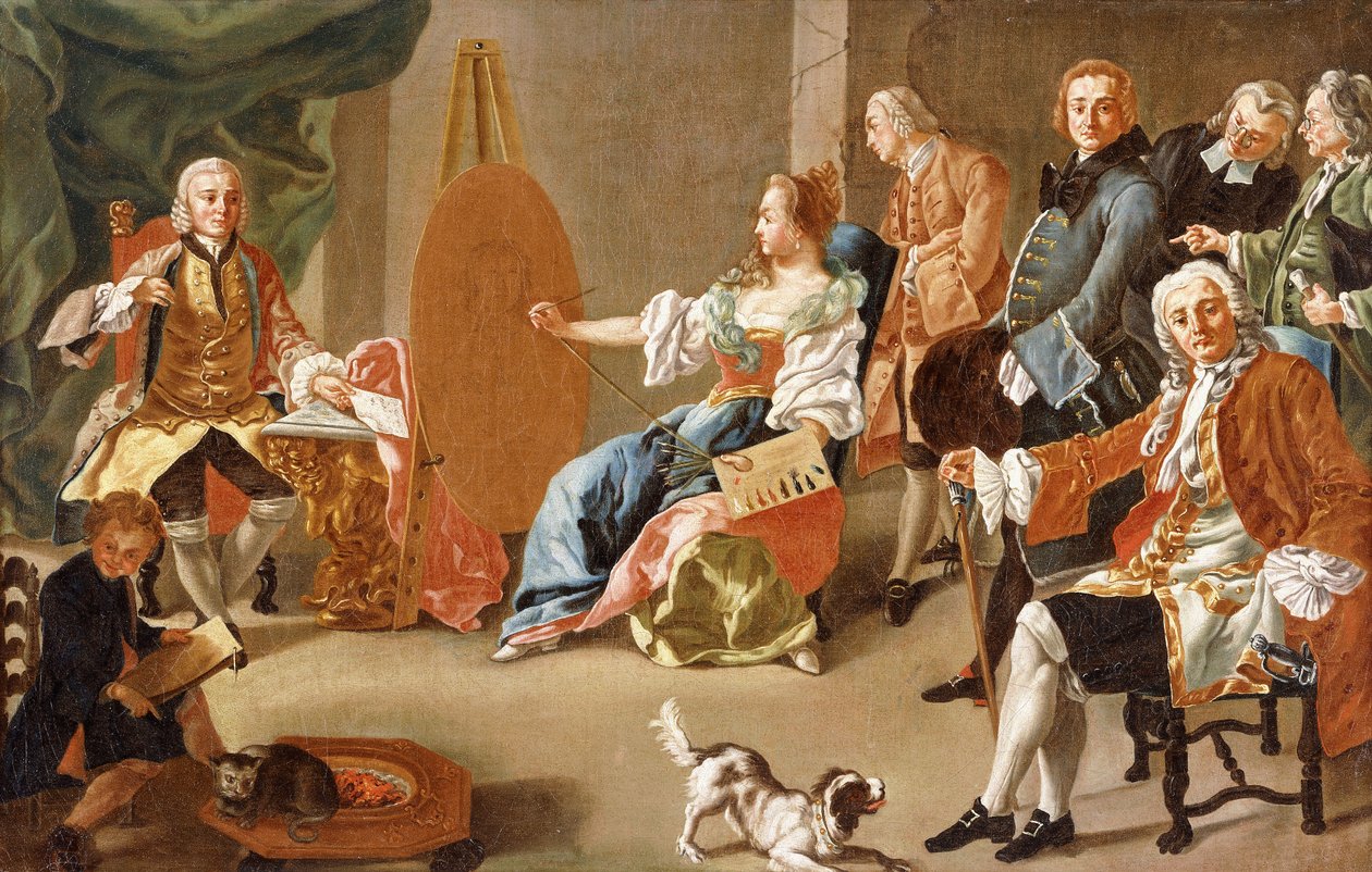 Una alegoría de la pintura: Una compañía elegante en un interior con un caballero posando para su retrato de Alesio D Elia