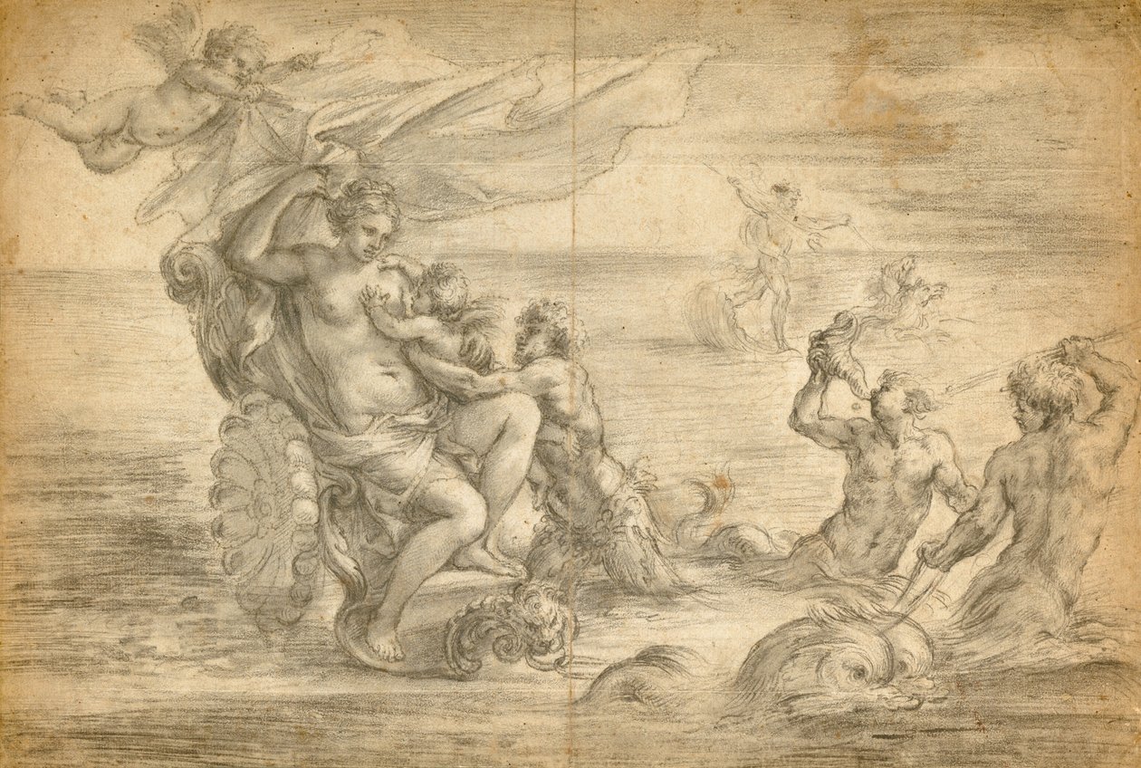 Venus sentada en su carro de mar amamantando a Cupido de Alessandro Algardi