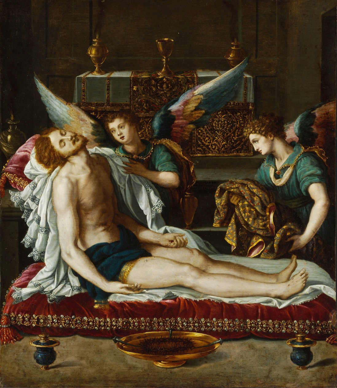 Le Corps du Christ oint par deux anges - El Cuerpo de Cristo ungido por dos ángeles - Allori, Alessandro (1535-1607) - ca 1593 - Óleo sobre cobre - 45x39 - Szepmuveszeti Muzeum, Budapest de Alessandro Allori