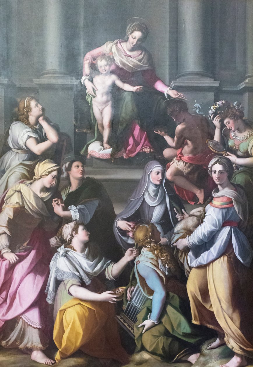 Virgen entronizada con el Niño, rodeada de santos y figuras de Alessandro Allori
