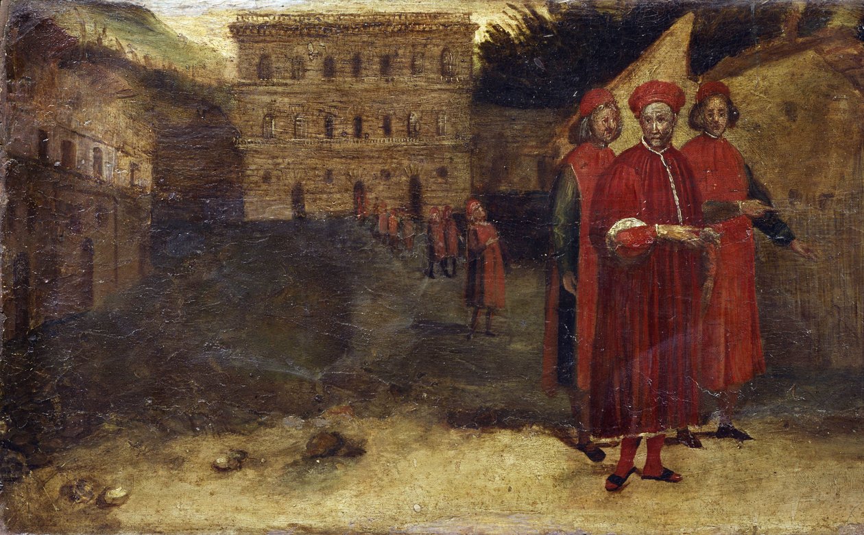 Santos Mártires, detalle de la predela con una representación del palacio (Palazzo) Pitti al fondo. Pintura de Alessandro Allori (1535 - 1607) de Alessandro Allori