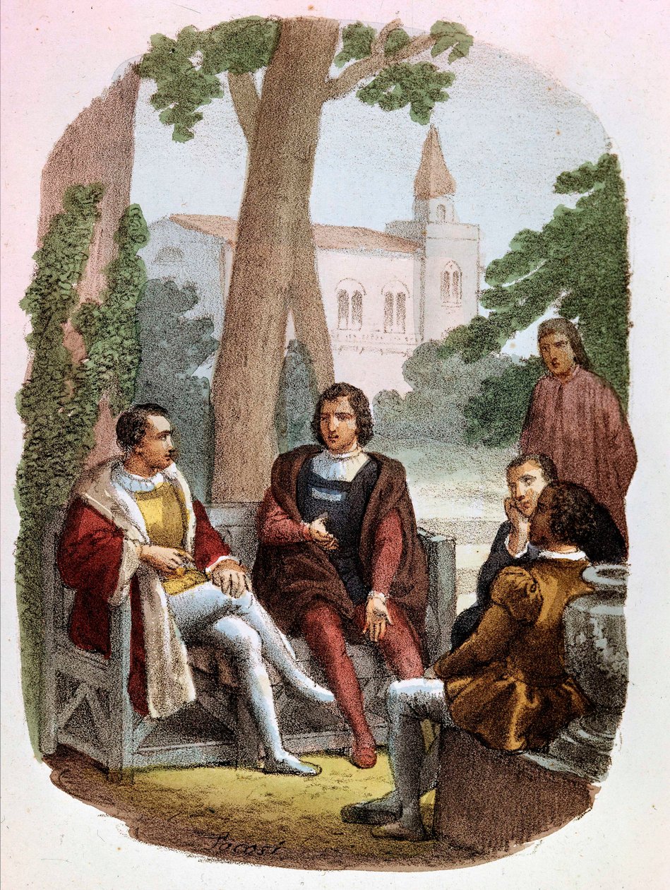 Fabrizio Colonna y Cosimo Rucellai discuten sobre el arte de la guerra - en "Obras Completas de Nicolás Maquiavelo", ilustración de Alessandro Focosi (1836 - 1869). "El arte de la guerra" de Nicolás de Maquiavelo de Alessandro Focosi