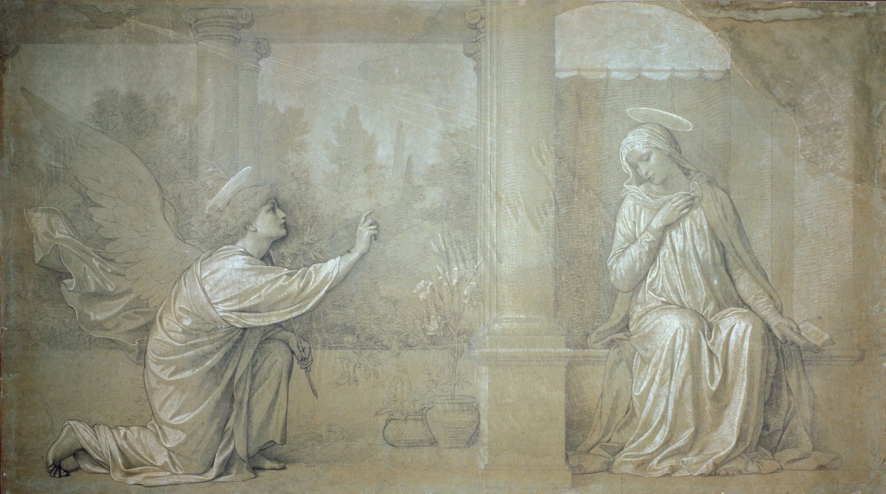 La Anunciación, dibujo preparatorio para el fresco de la Cappella Raffo en el Cementerio de la Misericordia, Siena de Alessandro Franchi
