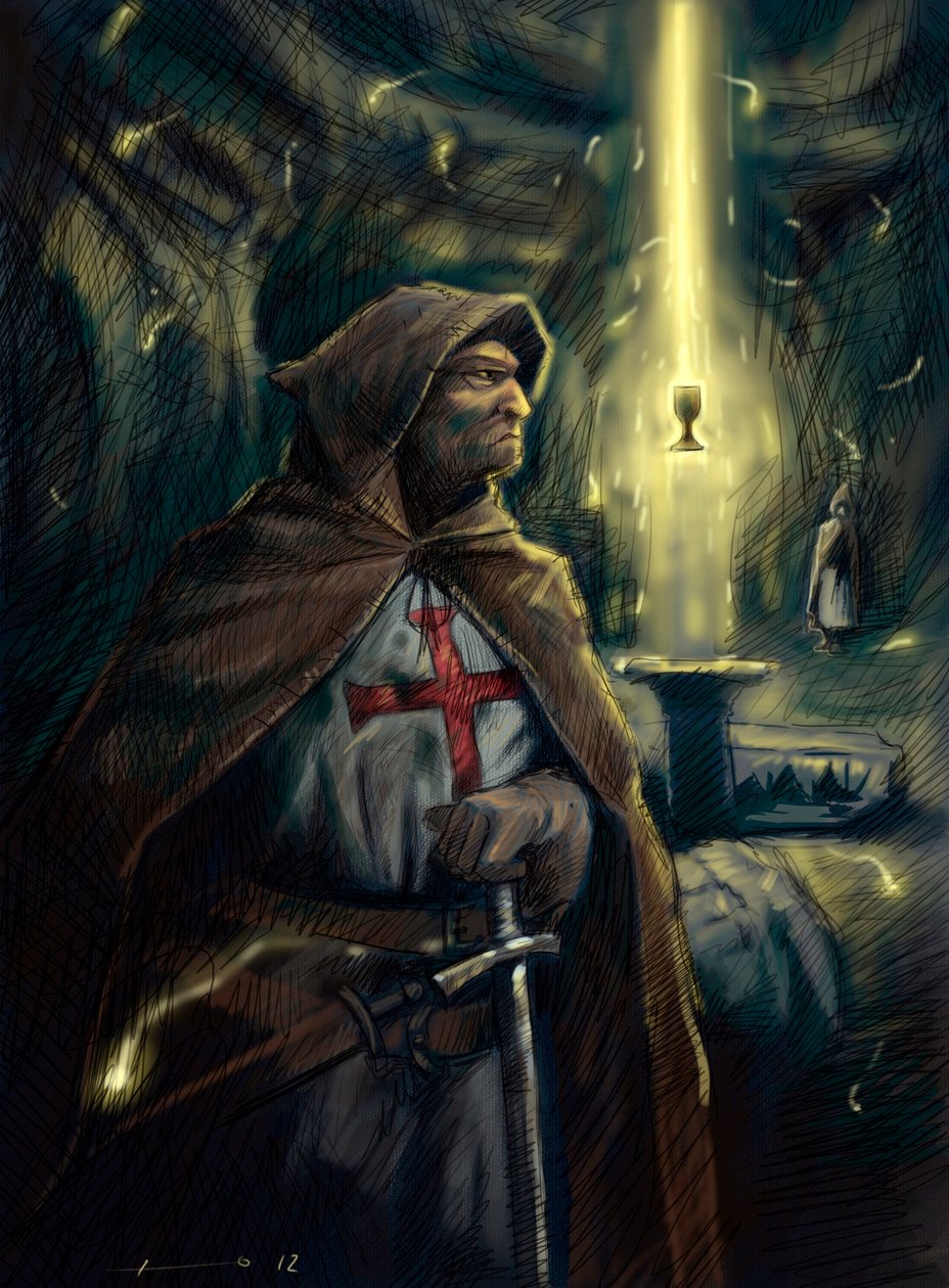 Un caballero de la Orden del Temple (templario) tras él la copa del Santo Grial. Ilustración Alessandro Lonati de Alessandro Lonati