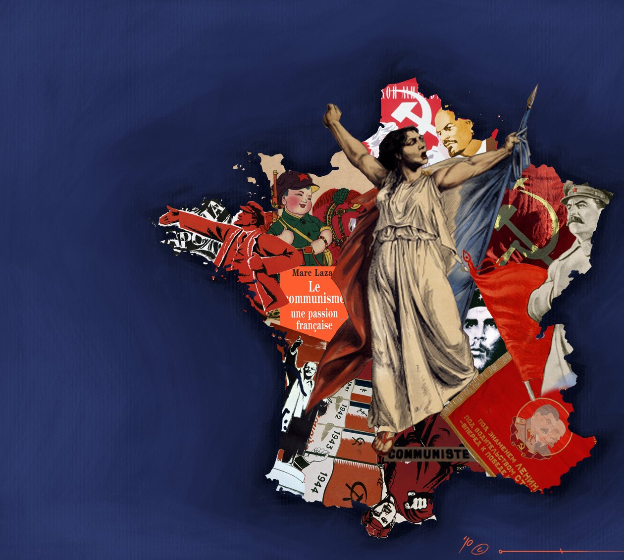 Una mariana sobre un fondo de collage comunista. Alegoría del comunismo en Francia. 2010 Dibujo en color de Alessandro Lonati. de Alessandro Lonati