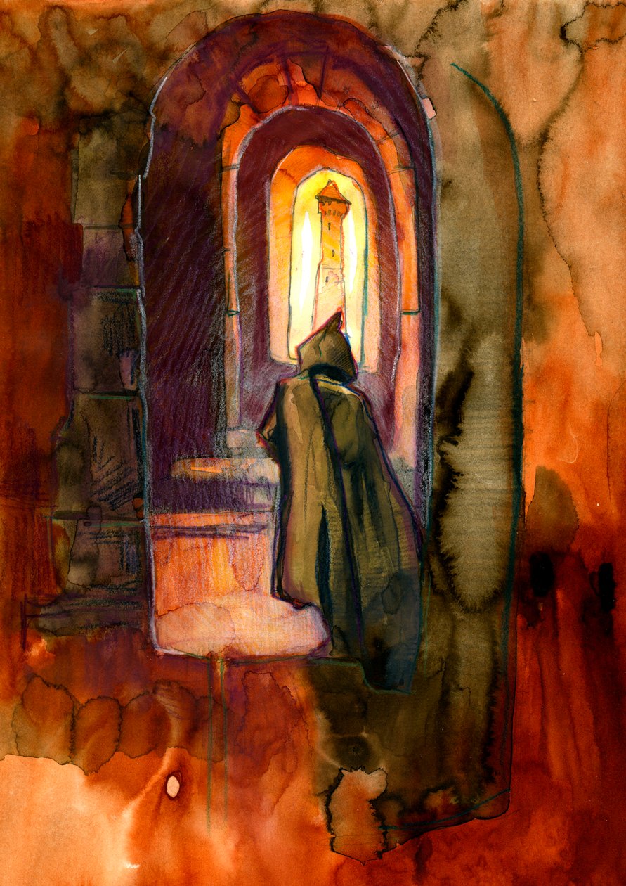 Un monje en un castillo encantado Ilustración de Alessandro Lonati de Alessandro Lonati