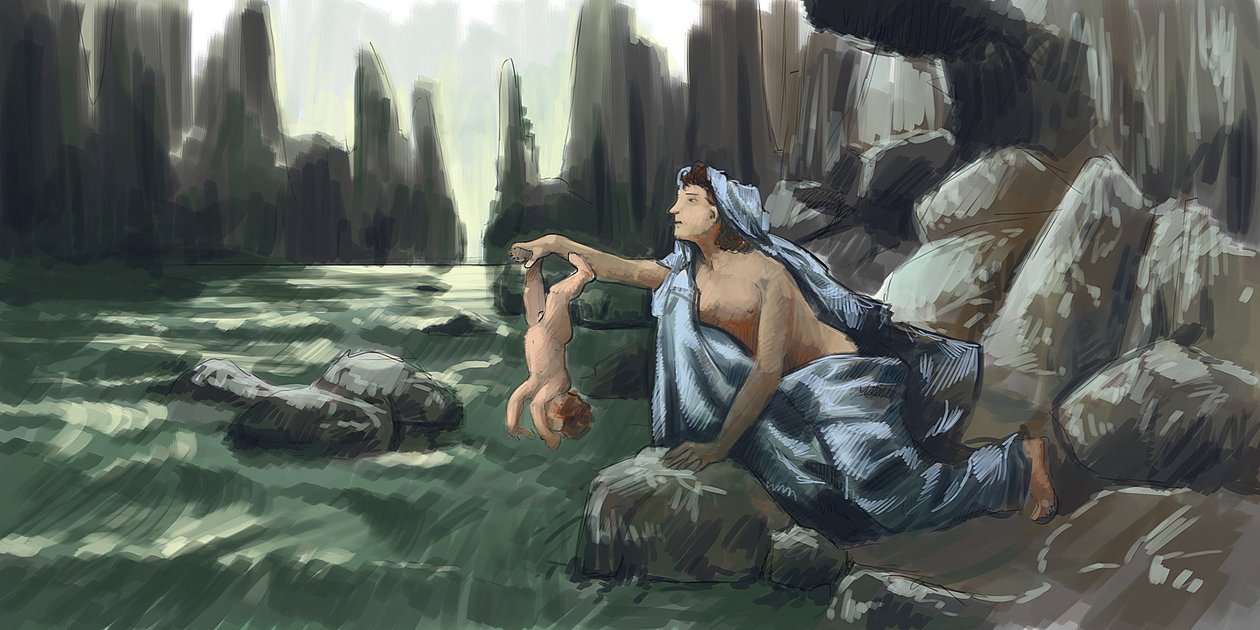 La madre de Aquiles sumerge a su hijo por el talón en el río Estigia para hacerlo invulnerable Dibujo Alessandro Lonati 2015 de Alessandro Lonati