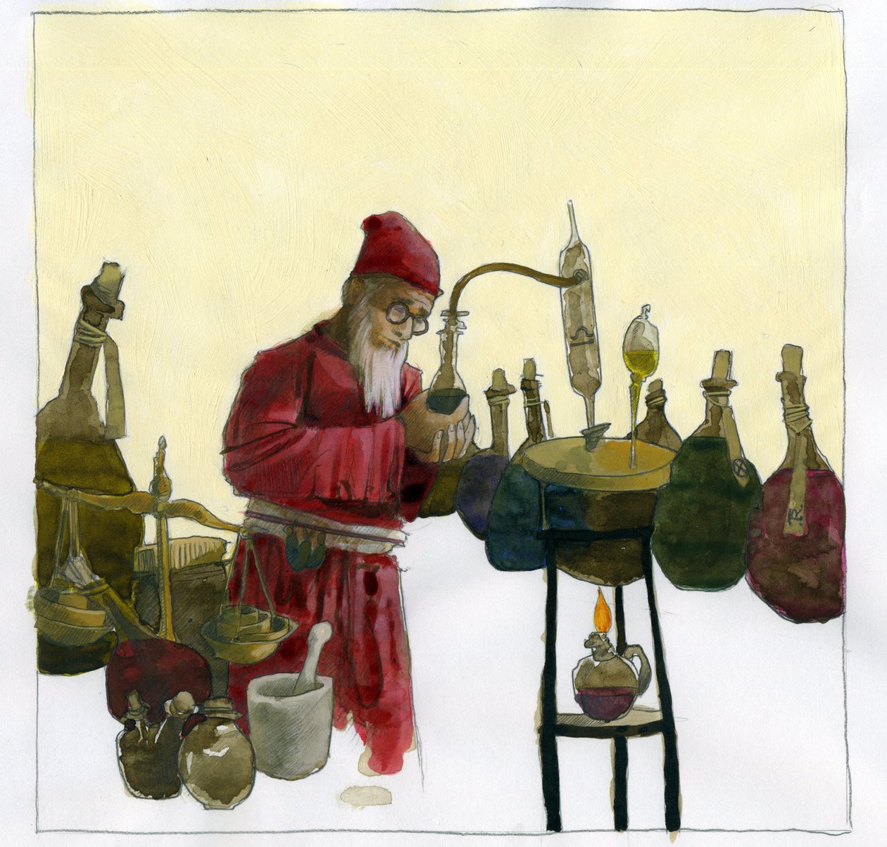 Alquimista en su laboratorio rodeado de frascos y alambiques Ilustración de Alessandro Lonati de Alessandro Lonati