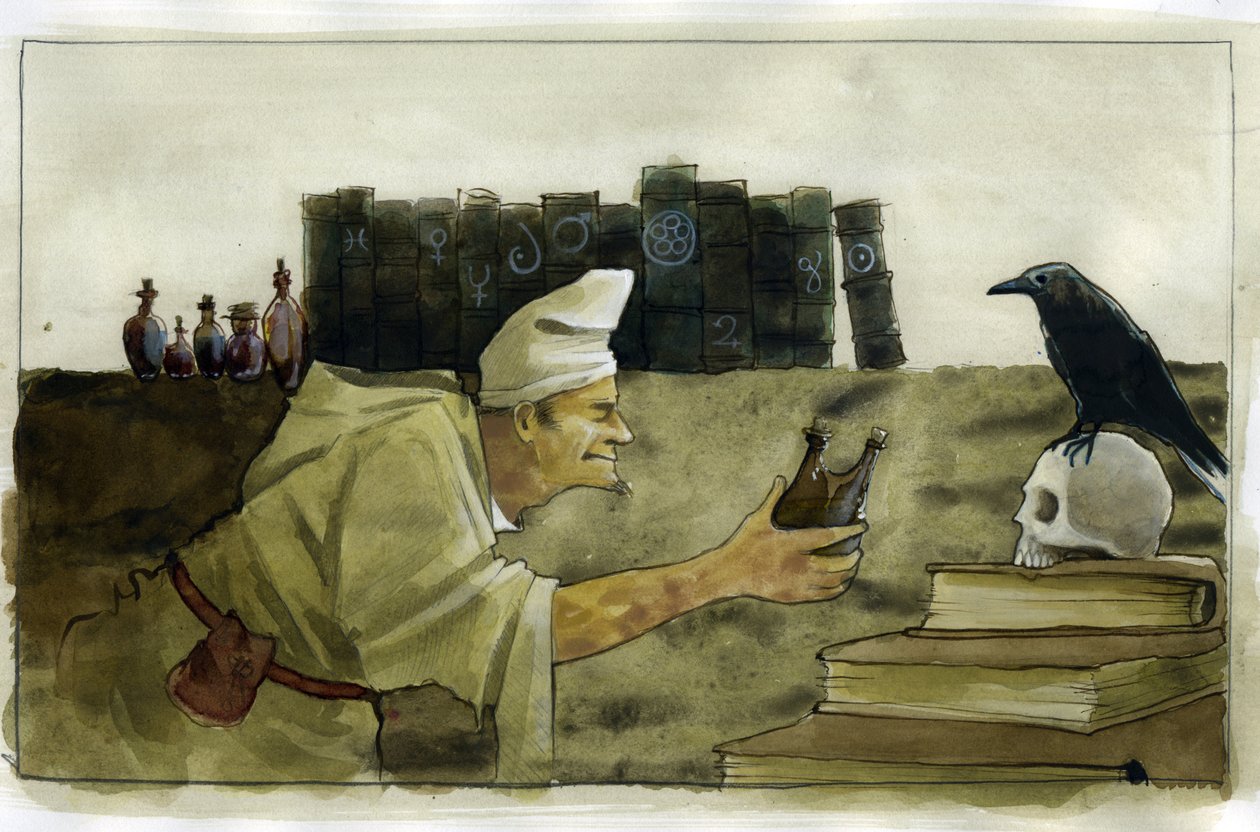 Alquimista en su laboratorio con un cuervo, una calavera Ilustración de Alessandro Lonati de Alessandro Lonati