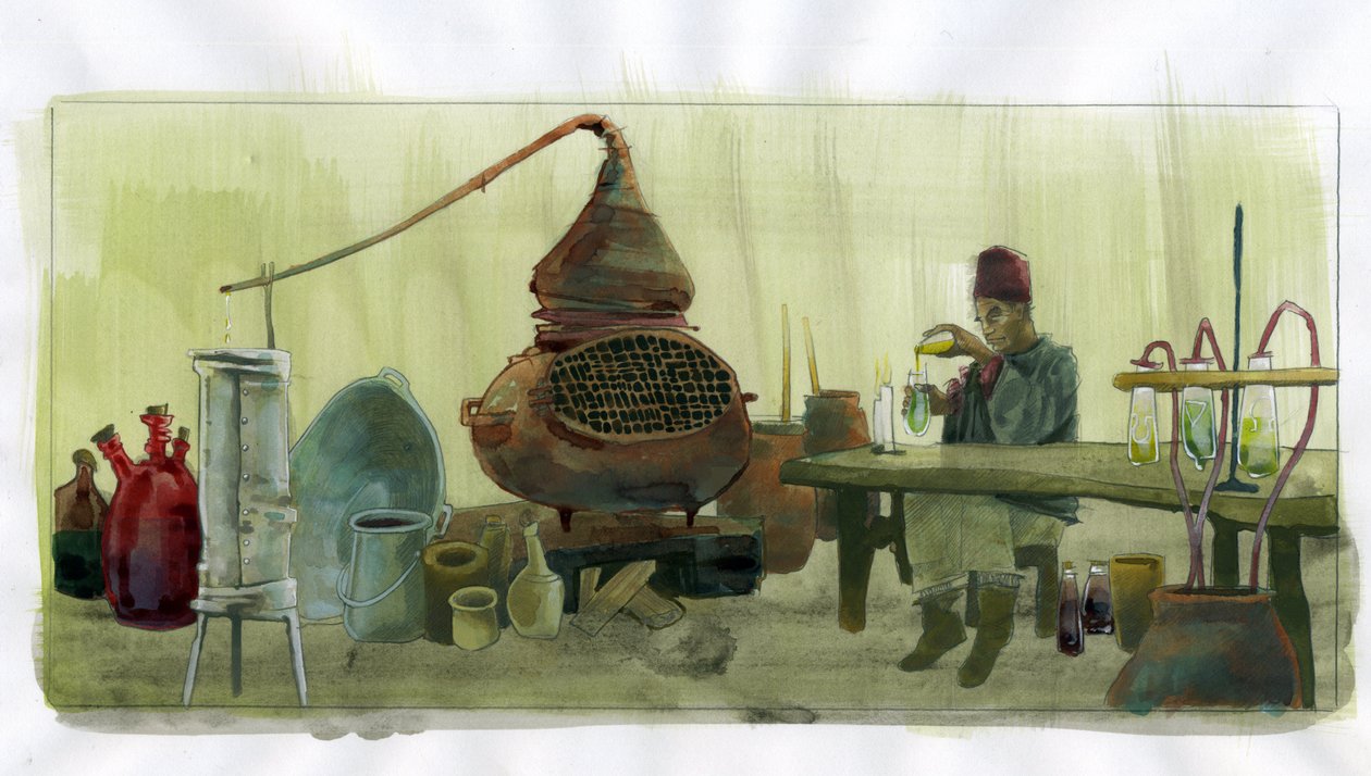 Alchemist in his laboratory with jars and still (alquimista en su laboratorio con frascos y alambique) Ilustración de Alessandro Lonati de Alessandro Lonati