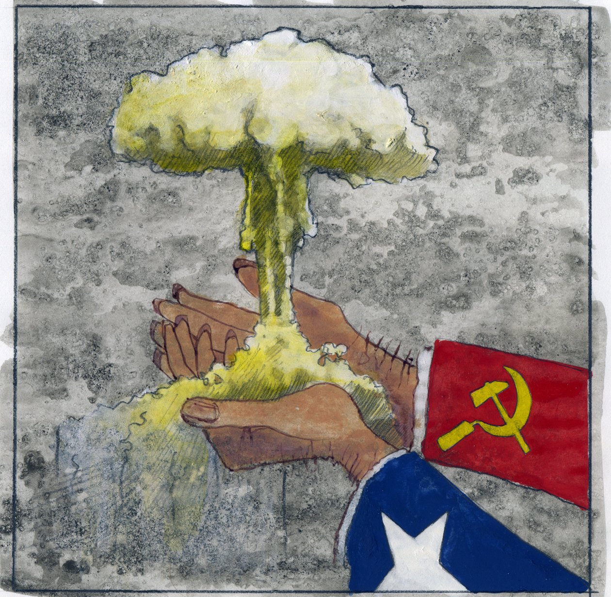 Representación alegórica de la guerra fría como manos americanas y soviéticas sosteniendo la nube atómica Ilustración de Alessandro Lonati de Alessandro Lonati