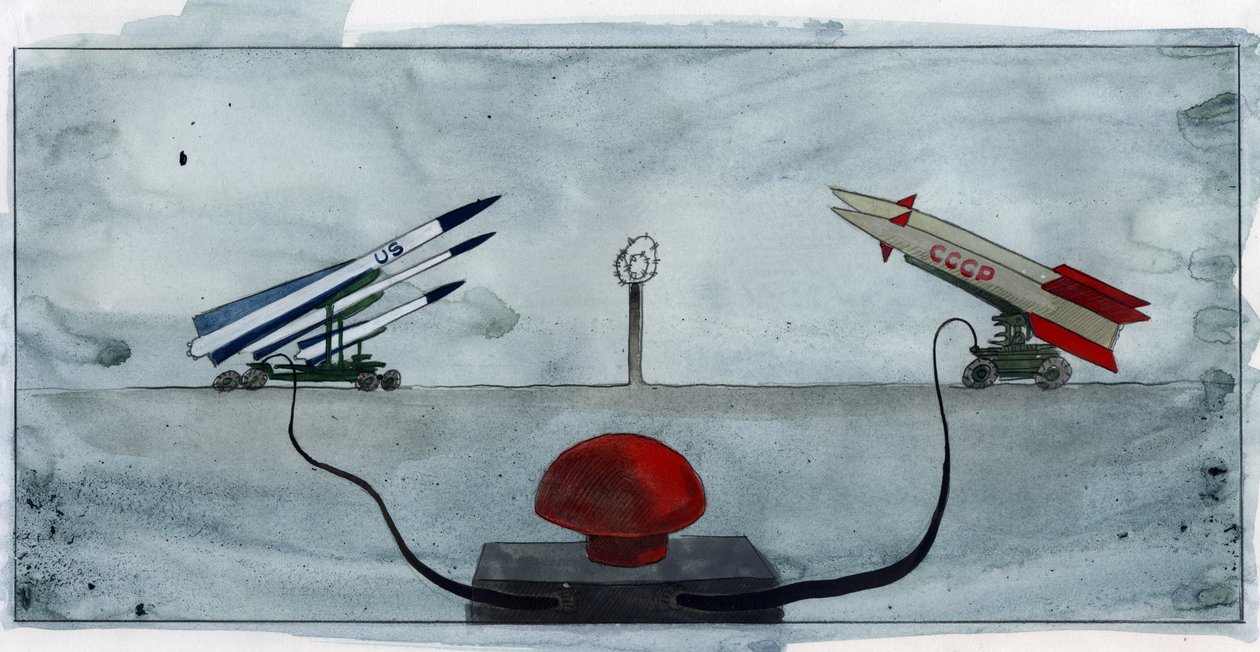 Representación alegórica de la guerra fría con el gran botón rojo conectado a misiles de América y la unión soviética de pie a ambos lados de la pared (Representación alegórica de la guerra fría con el gran botón rojo conectado a misiles de América an de Alessandro Lonati
