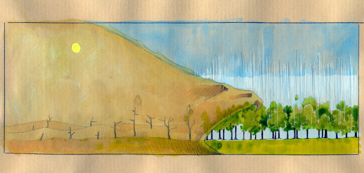 Alegoría de la deforestación, un paisaje de árboles muertos como un monstruo devorando el bosque Ilustración de Alessandro Lonati de Alessandro Lonati