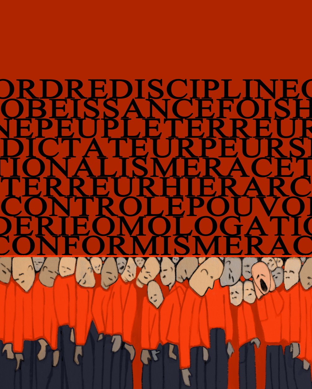 Alegoría del peso de la dictadura, la represión, la disciplina sobre el hombre, la multitud aplastada por el poder y el miedo a los tiranos - Ilustración 2014 de Alessandro Lonati