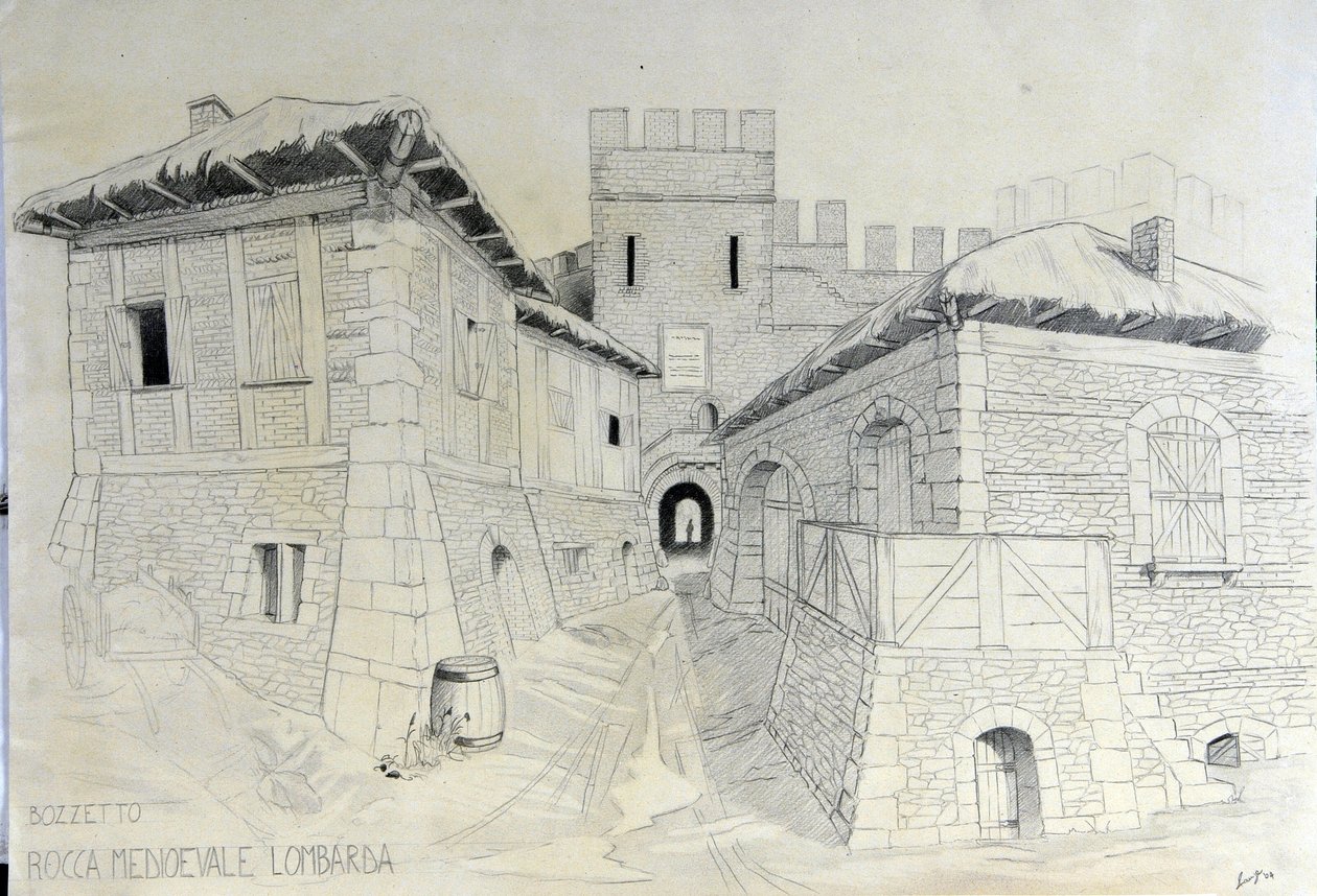Arquitectura de la Edad Media: vista de las murallas de una ciudad medieval lombarda. Dibujo a lápiz de Alessandro Lonati. de Alessandro Lonati