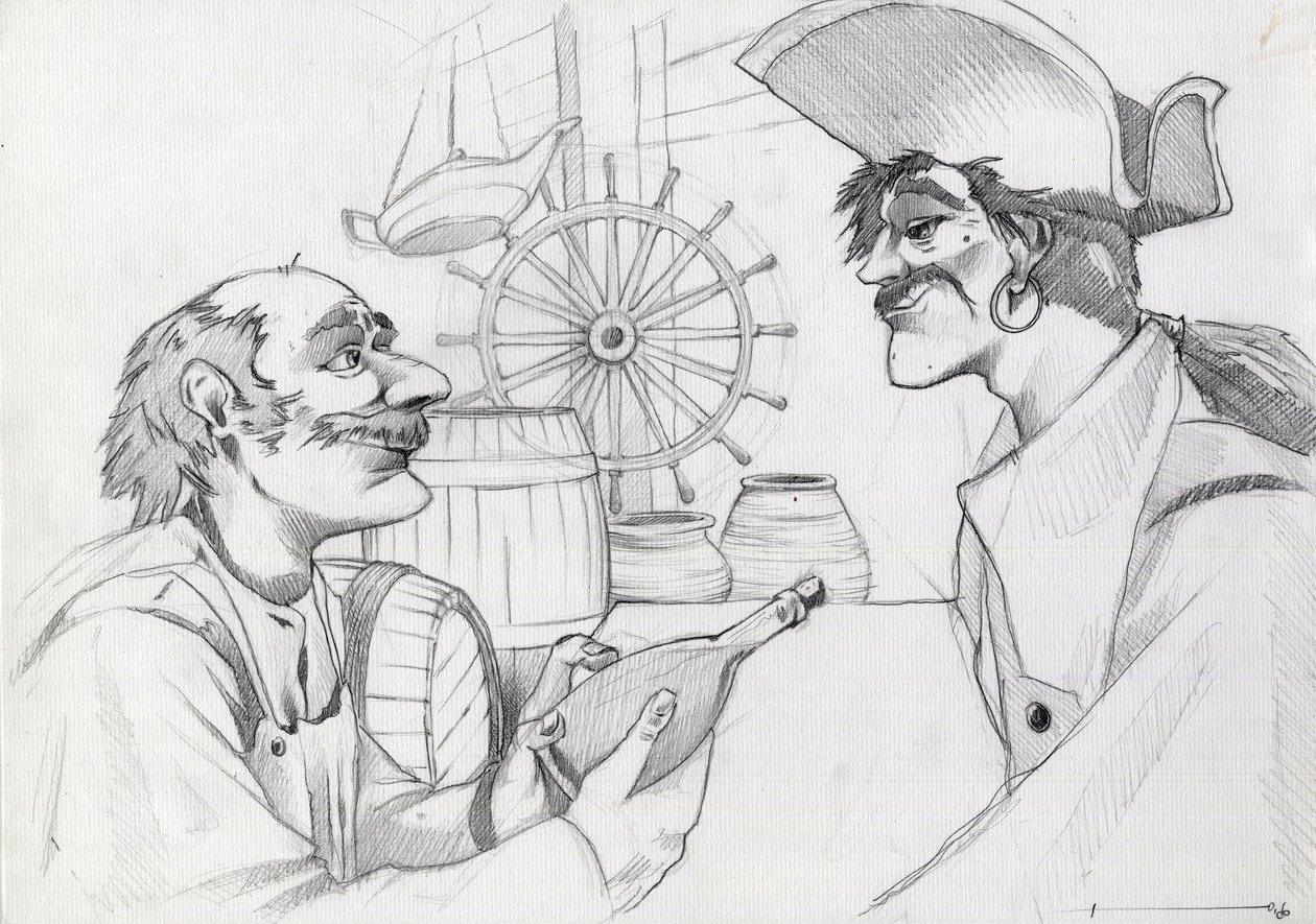 Caraibes pirata en una posada con una botella. Dibujo de Alessandro Lonati. de Alessandro Lonati