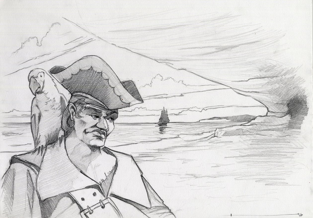 Pirata caribeño con loro buscando un tesoro en una cueva en una playa, con galeón. Dibujo de Alessandro Lonati. de Alessandro Lonati