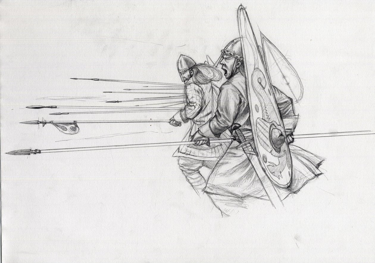 Carga de guerreros normandos de infantería en la batalla de Hastings en 1066. Dibujo de Alessandro Lonati. de Alessandro Lonati