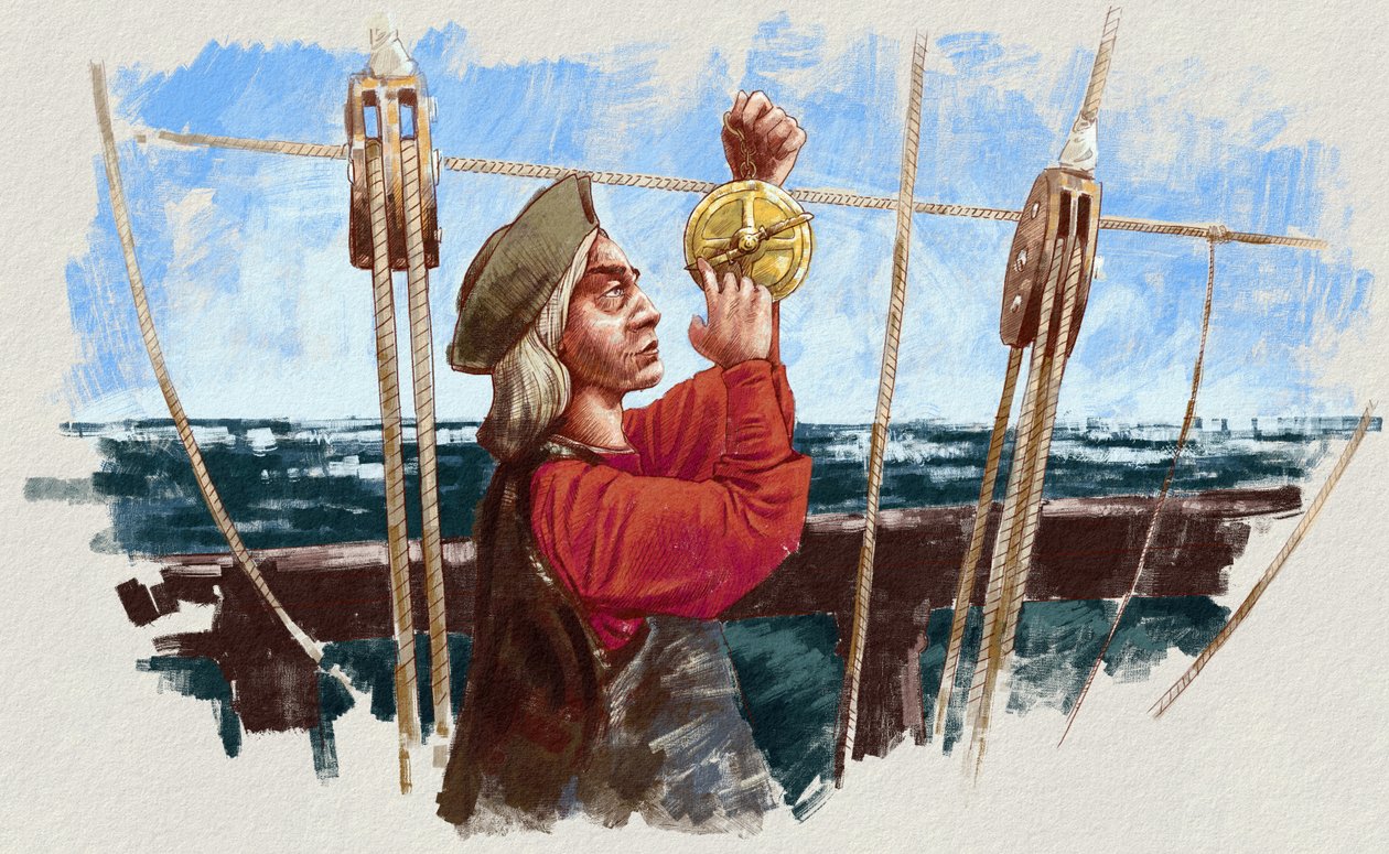 Cristóbal Colón calculando la ruta con un astrolabio (ilustración) de Alessandro Lonati