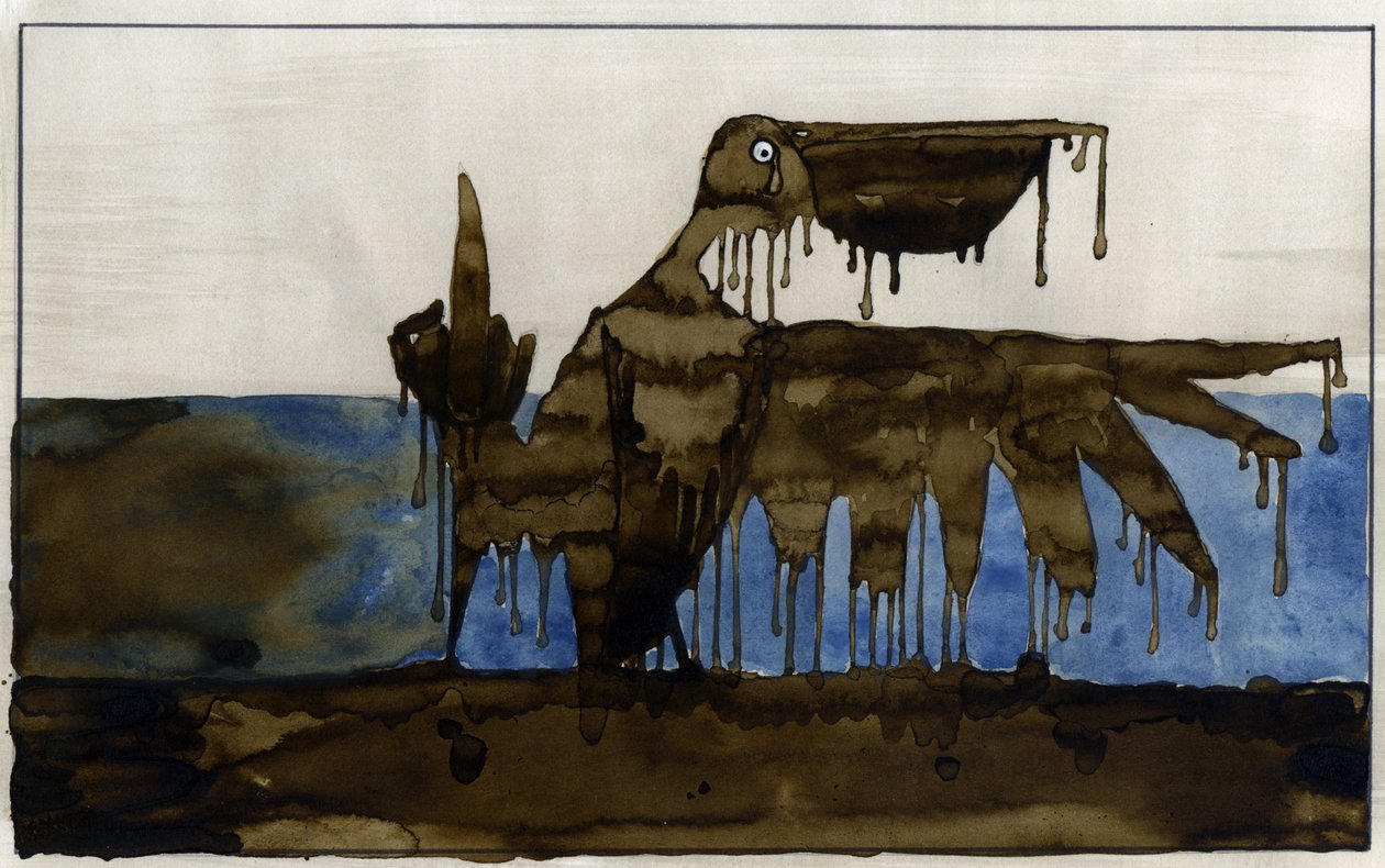 Catástrofe ecológica: un pájaro empetrolado en una playa tras el hundimiento de un petrolero Ilustración de Alessandro Lonati de Alessandro Lonati