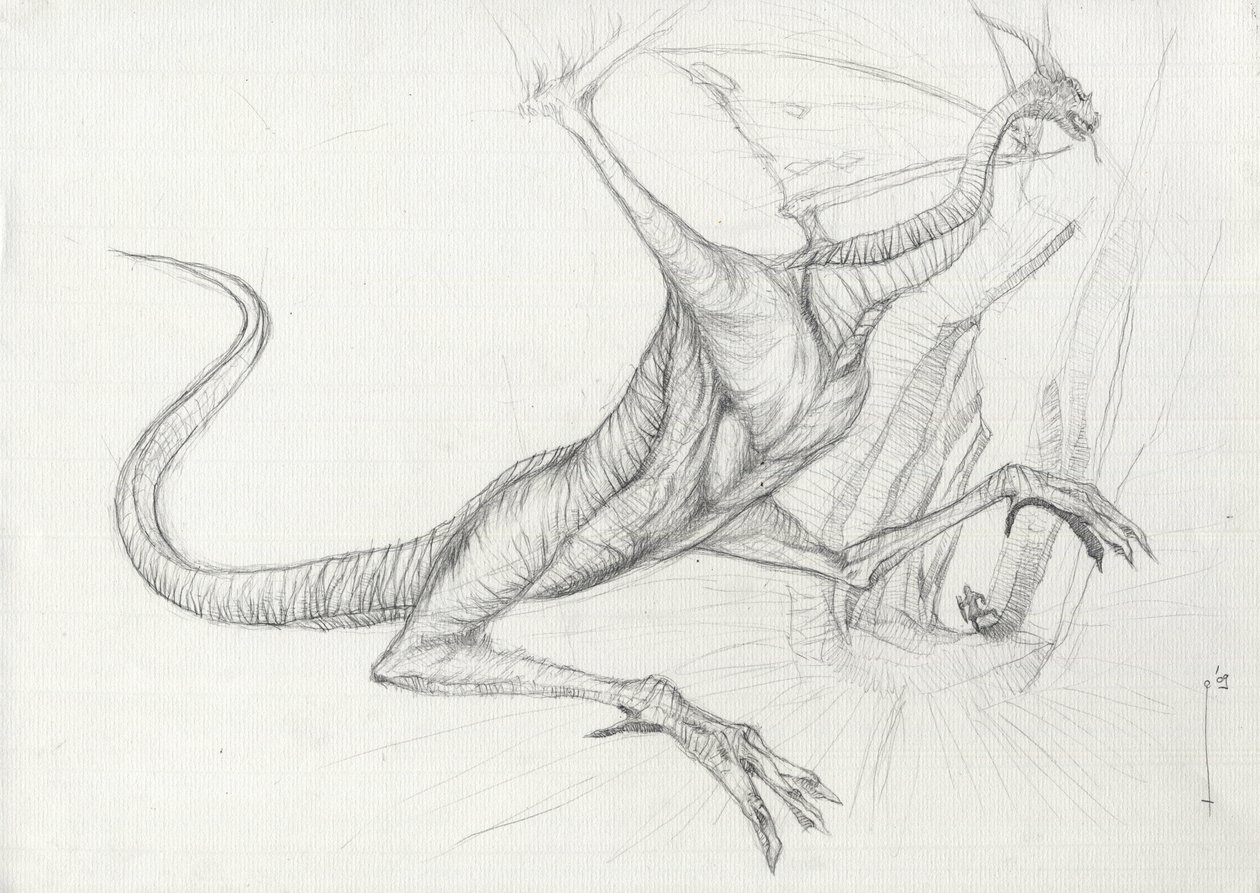 Criatura fantástica: Un dragón dibujado a lápiz por Alessandro Lonati de Alessandro Lonati