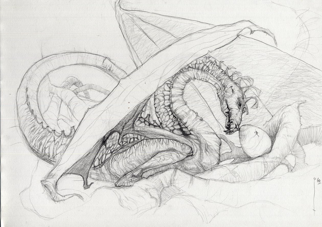 Criatura fantástica: un dragón protegiendo su huevo. Dibujo a lápiz de Alessandro Lonati de Alessandro Lonati