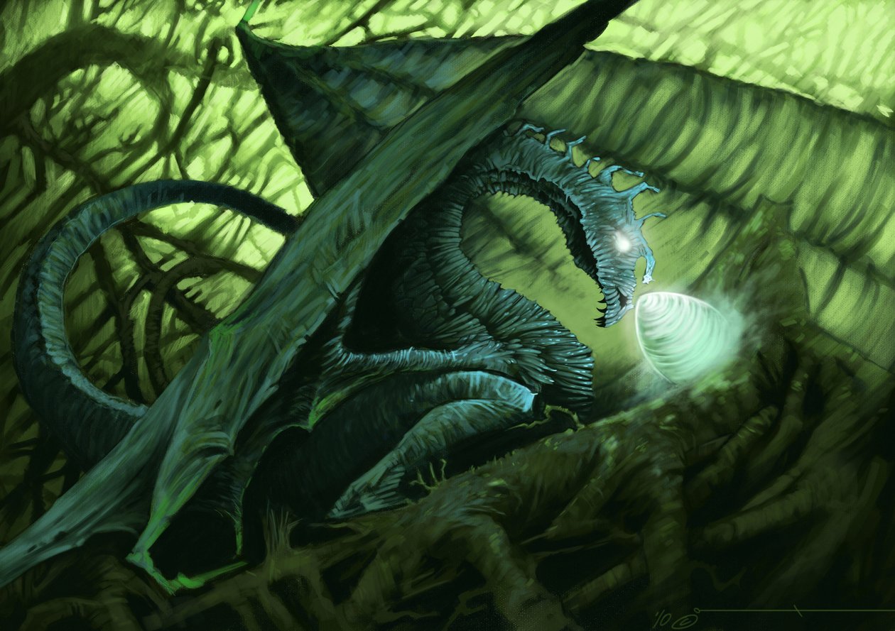 Criatura fantástica: un dragón protegiendo su huevo. Ilustración de Alesandro Lonati. 2010 de Alessandro Lonati
