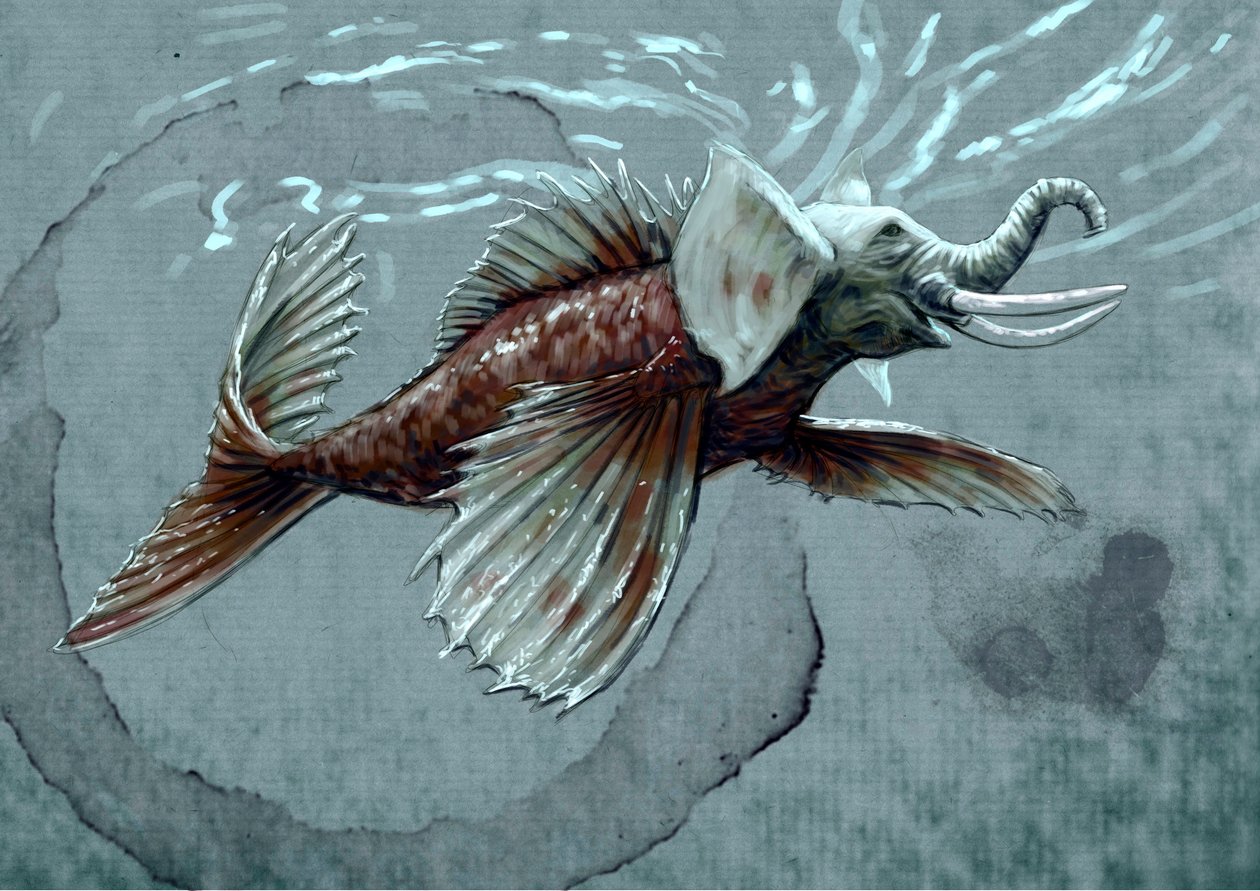 Monstruos y criaturas fantásticas, criptozoología: representación de un makara, animal acuático del bestiario mitológico de la India, tiene una trompa que lo acerca al elefante marino, el diente del cocodrilo y una cola de pez - Dibujo de Alessandro Lon de Alessandro Lonati
