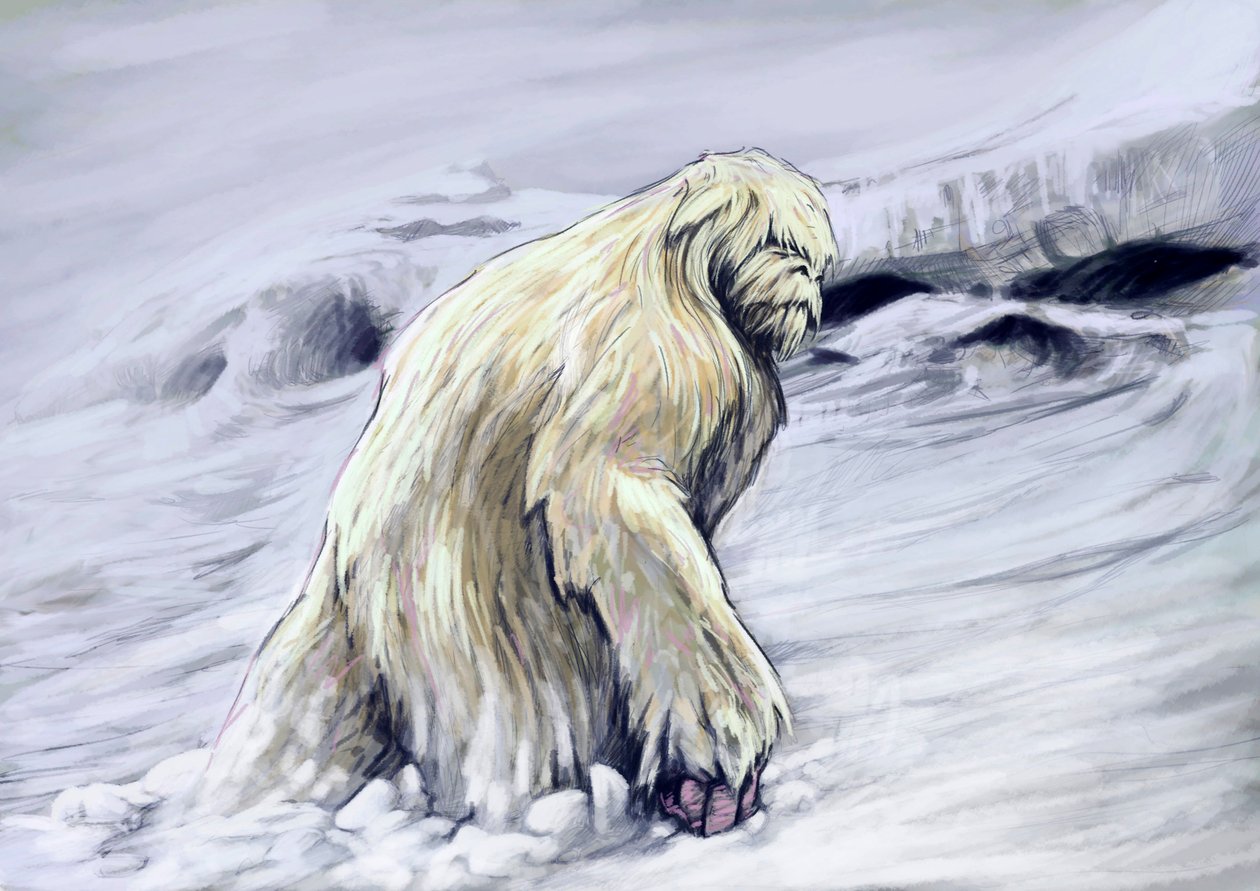 Monstruos y criaturas fantásticas, criptozoología: representación de un yeti o "abominable hombre de las nieves" criatura antropomorfa del folclore de la región del Himalaya (El yeti o abominable hombre de las nieves es un críptido de aspecto simiesco del  de Alessandro Lonati