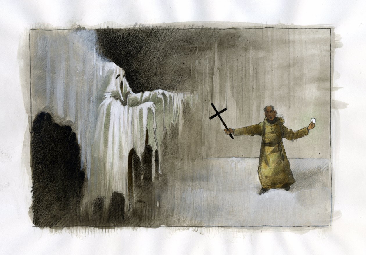 Pelea entre un monje que sostiene un crucifijo y un fantasma Ilustración de Alessandro Lonati de Alessandro Lonati