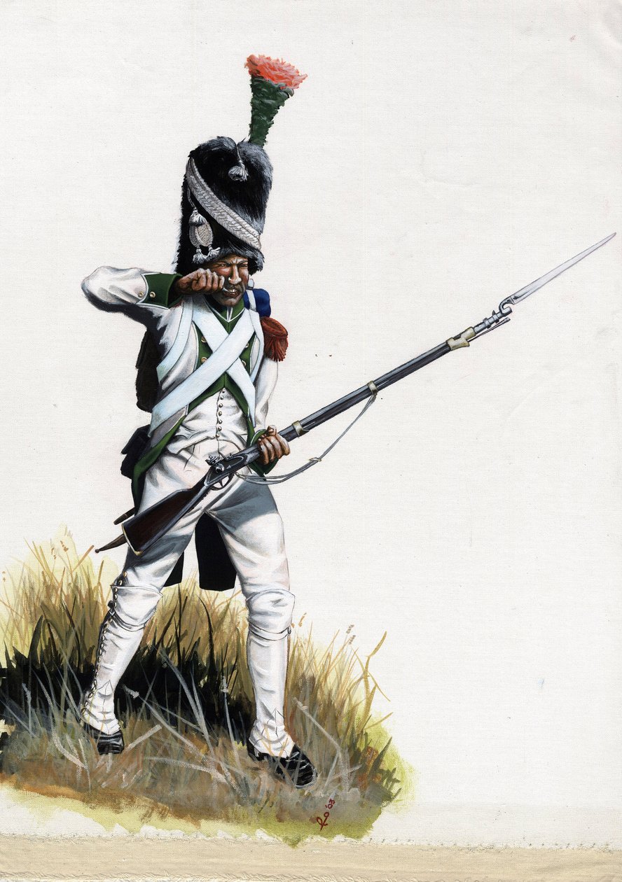 Primer Imperio (1804-1814 y 1815): Soldado velite del gran ejército napoleónico en Italia abriendo un cartucho. Dibujo de Alessandro Lonati de Alessandro Lonati