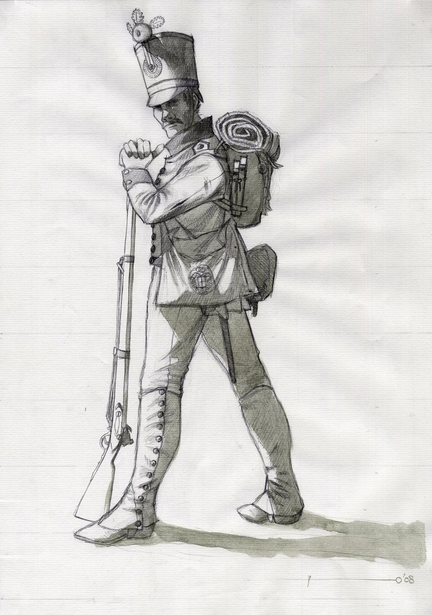 Primer Imperio (1804-1814 y 1815): traje de un soldado de infantería de la infantería de línea del ejército austrohúngaro (austrohúngaro). Dibujo de Alessandro Lonati de Alessandro Lonati