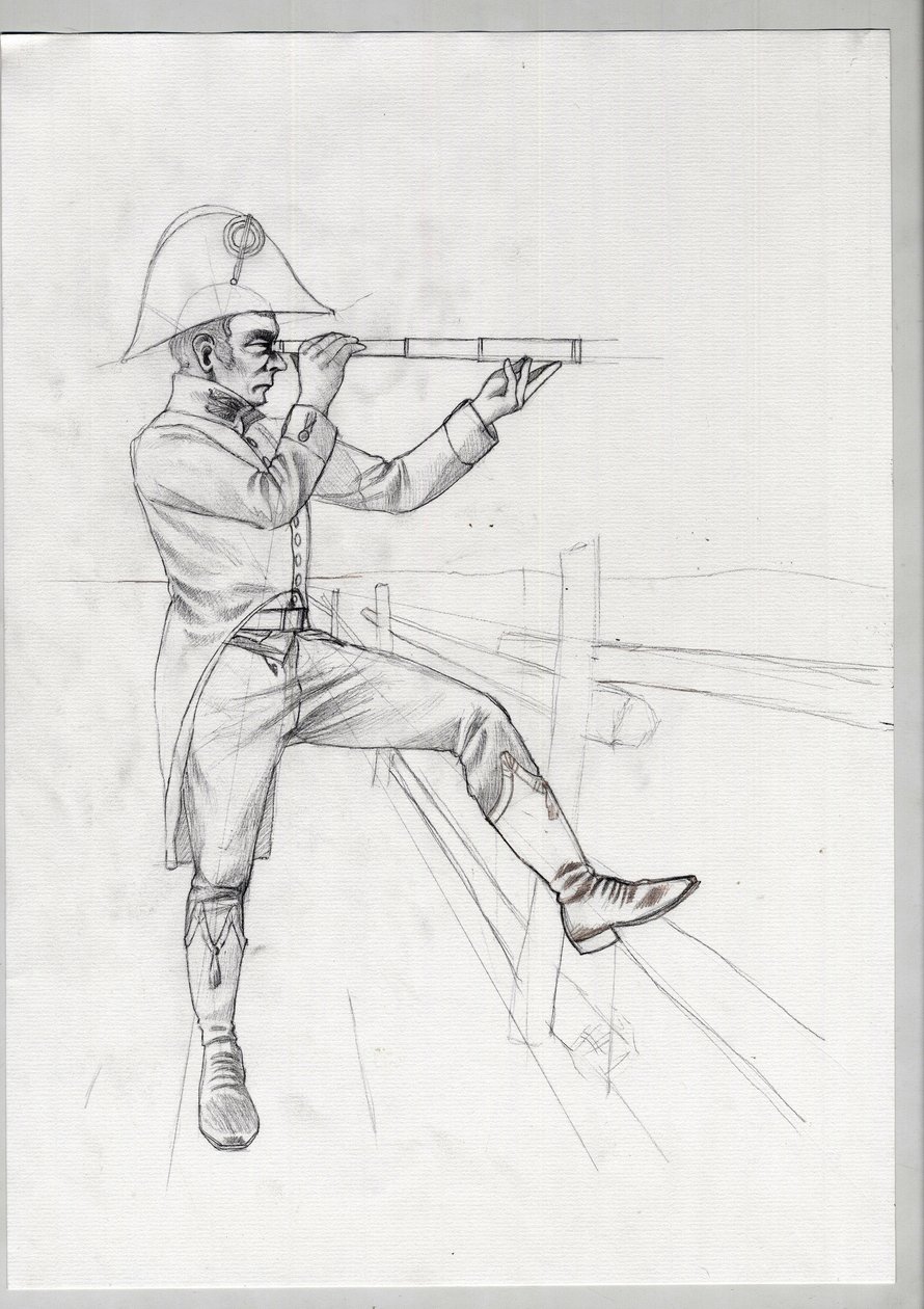 Primer Imperio (1804-1814 y 1815): soldado de alto rango del gran ejército napoleónico francés en observación con vista larga (long view). Dibujo inacabado de Alessandro Lonati. de Alessandro Lonati
