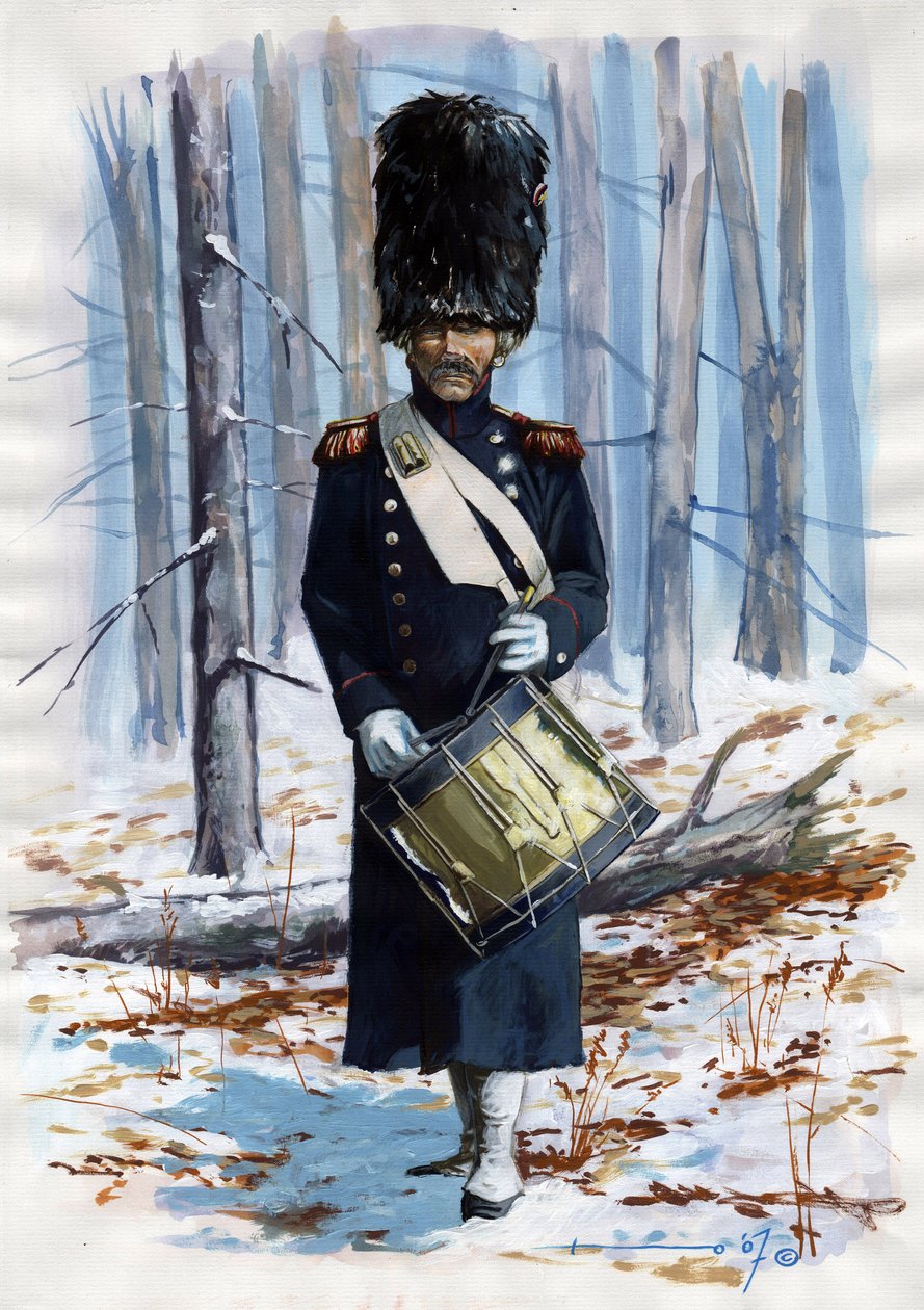 Primer Imperio (1804-1814 y 1815): soldado del gran ejército napoleónico, tambor de los granaderos de la Guardia Imperial francesa con manto de Alessandro Lonati