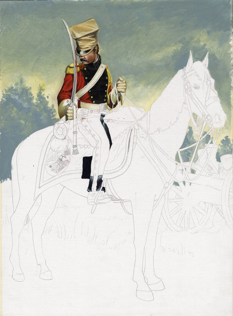 Primer Imperio (1804-1814 y 1815): soldado de la caballería ligera del gran ejército napoleónico francés. Dibujo inacabado de Alessandro Lonati. de Alessandro Lonati